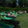 Persone che prendono il sole su sdraio verdi in un prato accanto alla piscina.